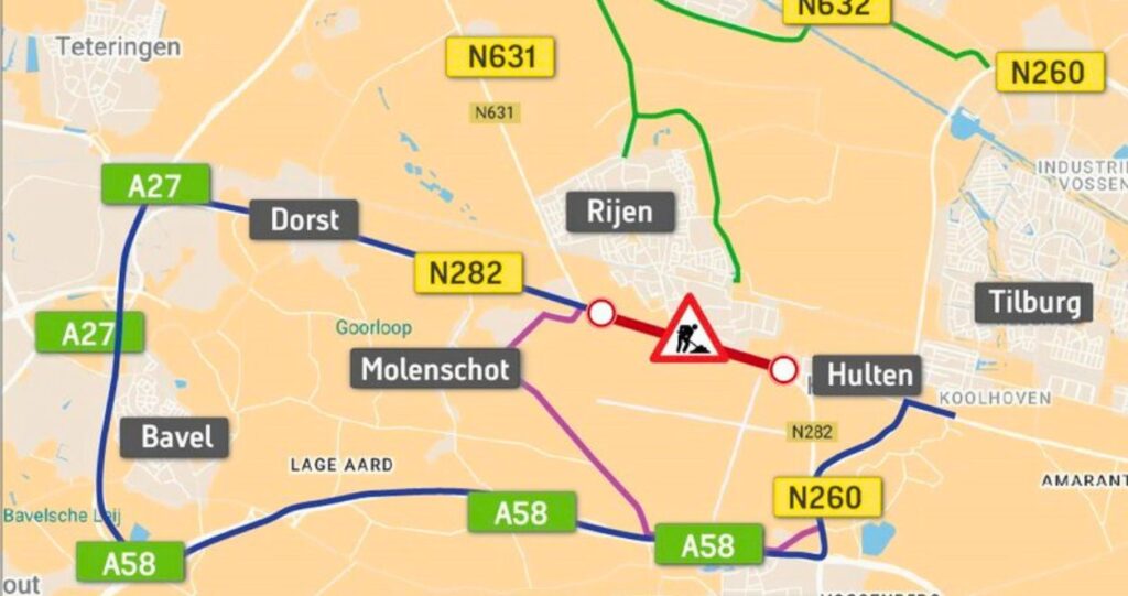Wegwerkzaamheden Rijksweg N282 Rijen